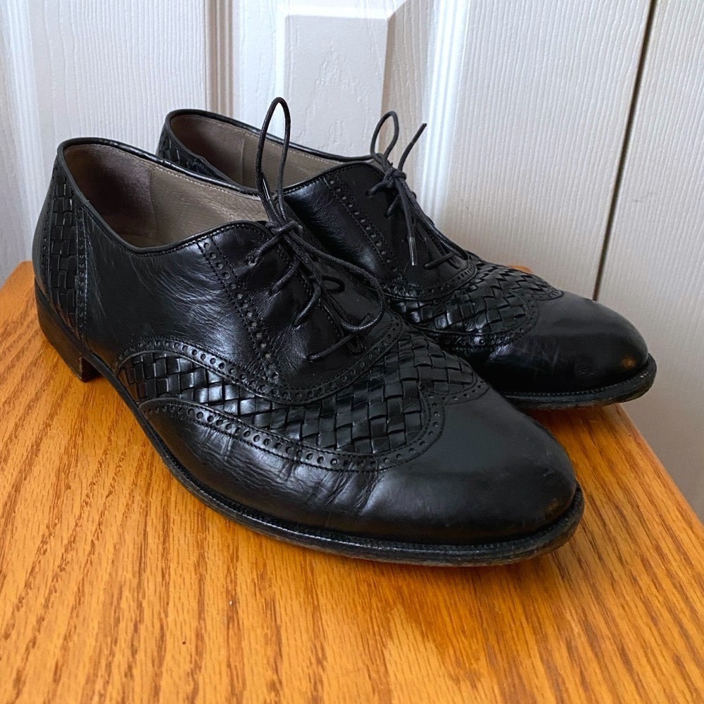 BALLY Black Leather Woven Detail Wingtip Derby Shoes SZ 8